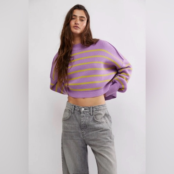 Free People Stripe Easy Street Cropped Pullover Lavender & Lime Sweater Size M 💜 - Picture 5 of 9